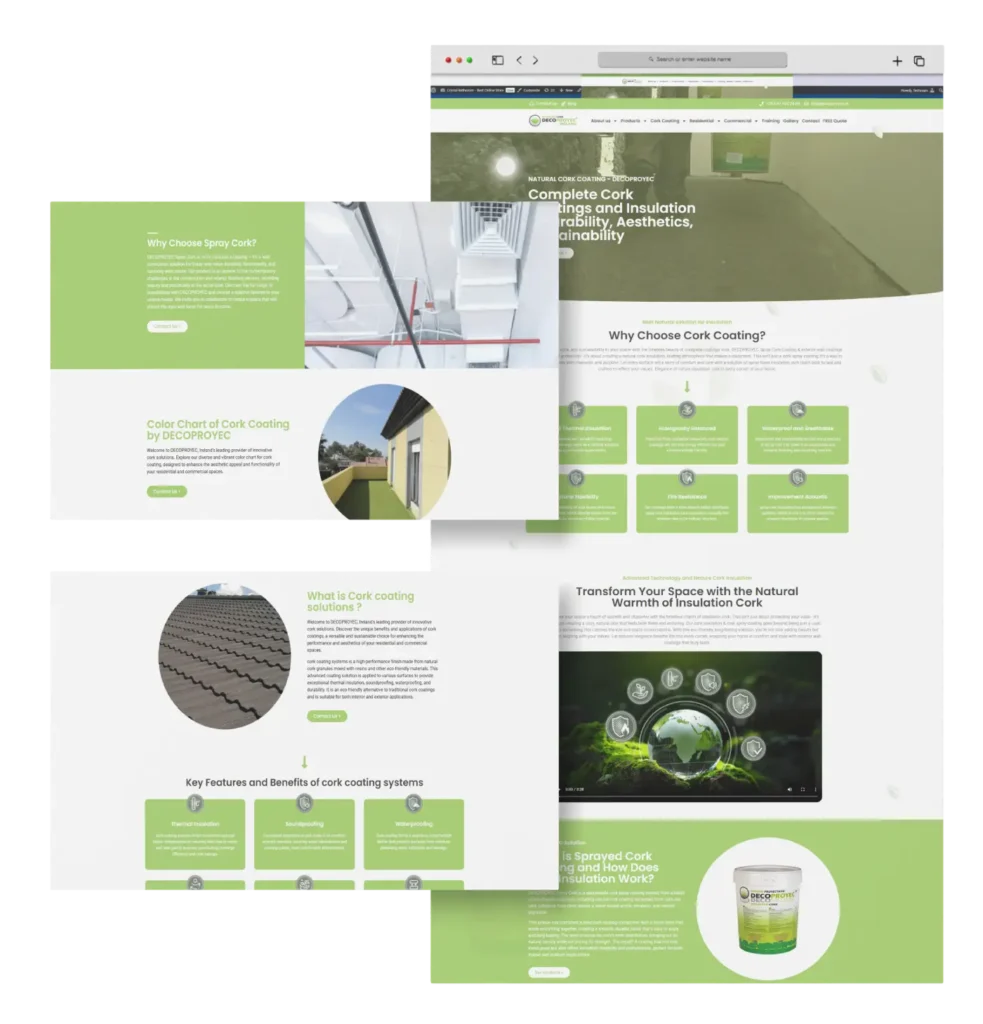 Strona decoproyec.ie to zaawansowany projekt dla firmy oferującej ekologiczne systemy powłok z korka, izolacje i materiały budowlane